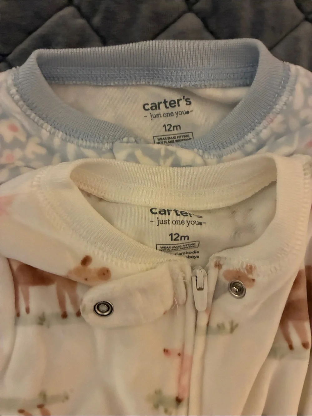 Carter's Light Blue Floral & Cream Farm Animal Footed One-Pieces (2 Pack)